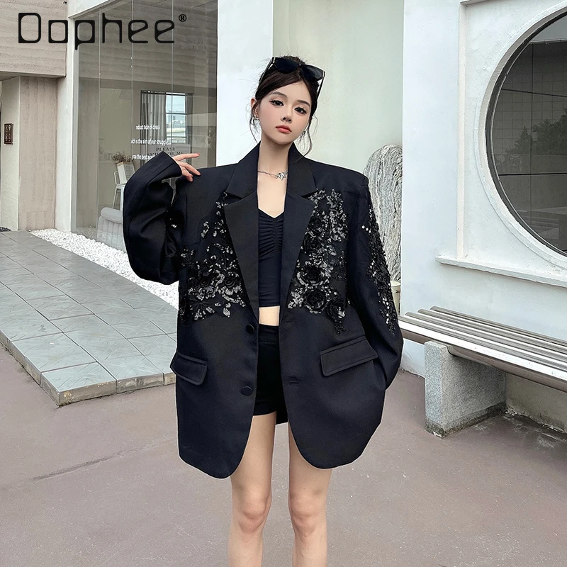 Модный черный блейзер с 3D вышивкой и пайетками для женщин, легкий роскошный элитный элегантный свободный утягивающий повседневный пиджак с перекрестным воротником
Модный черный блейзер с 3D вышивкой и пайетками для женщин, легкий роскошный элитный элегантный свободный утягивающий повседневный пиджак с перекрестным воротником