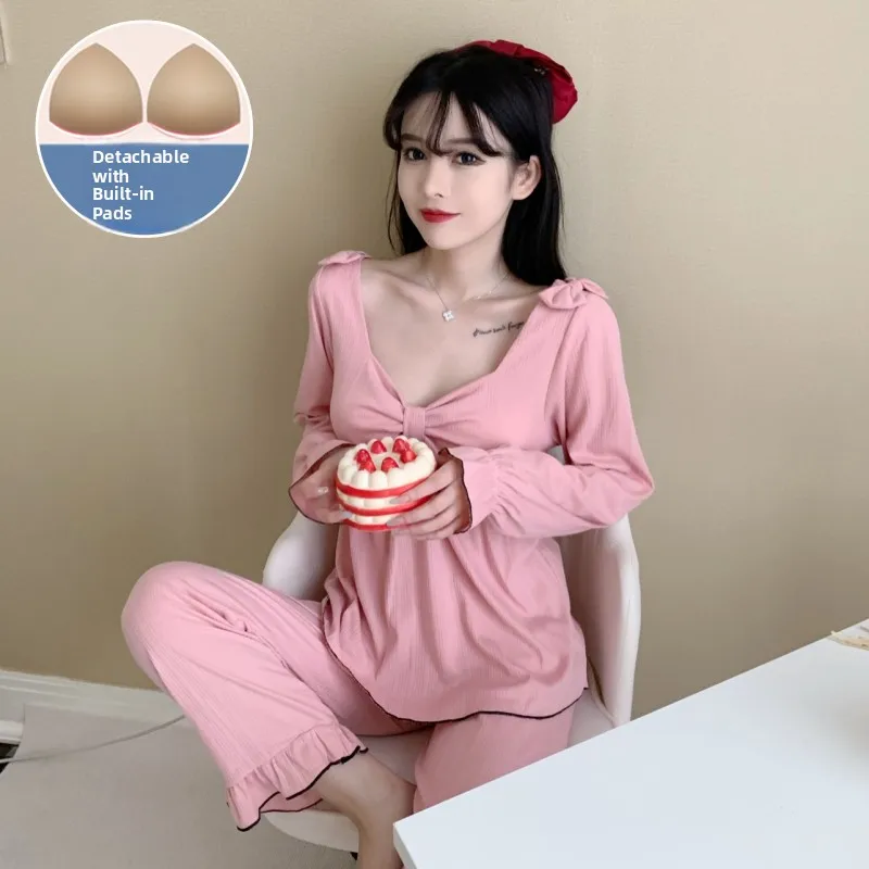 Pure Cotton Sleepwear Set with Chest Pad Women's Long Sleeve V-Neck Home Clothes Set Sweet Princess Style Spring Autumn Winter
Pure Cotton Sleepwear Set with Chest Pad Women's Long Sleeve V-Neck Home Clothes Set Sweet Princess Style Spring Autumn Winter