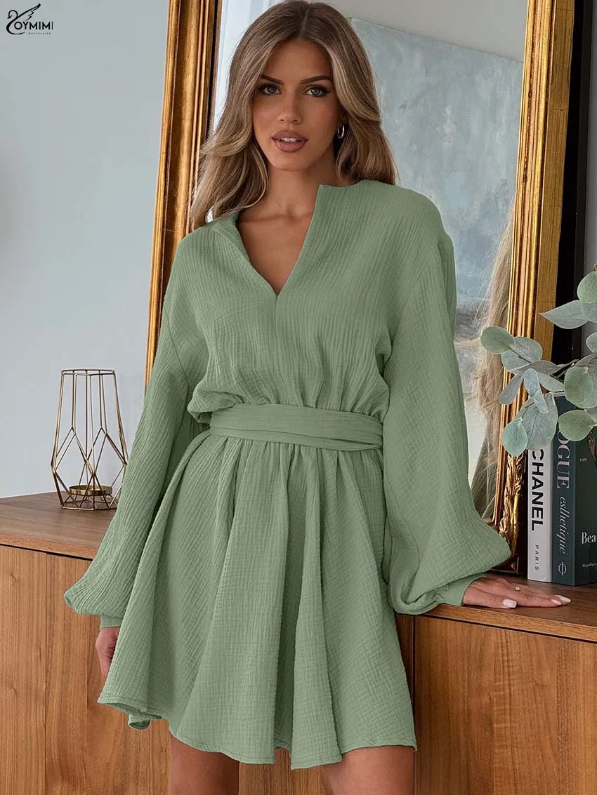 Oymimi Fashion Green Cotton Women's Dress Elegant V-Neck Long Sleeve Lace-Up Dresses Casual Loose Mini Dresses Female Clothing
Oymimi Fashion Green Cotton Women's Dress Elegant V-Neck Long Sleeve Lace-Up Dresses Casual Loose Mini Dresses Female Clothing