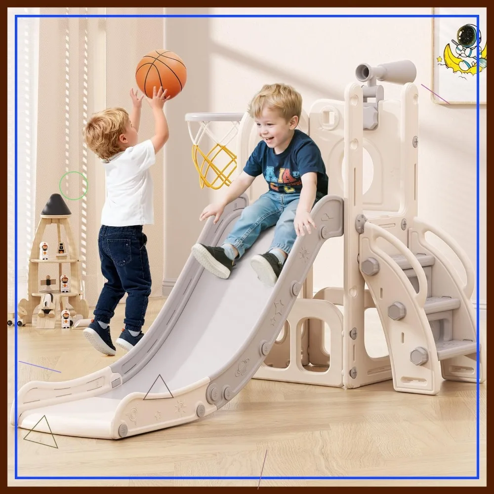 6-in-1 Toddler Slide with Basketball Hoop and Telescope, Indoor Outdoor Climber Playset for Kids Ages 1-3, White & Gray
6-in-1 Toddler Slide with Basketball Hoop and Telescope, Indoor Outdoor Climber Playset for Kids Ages 1-3, White & Gray