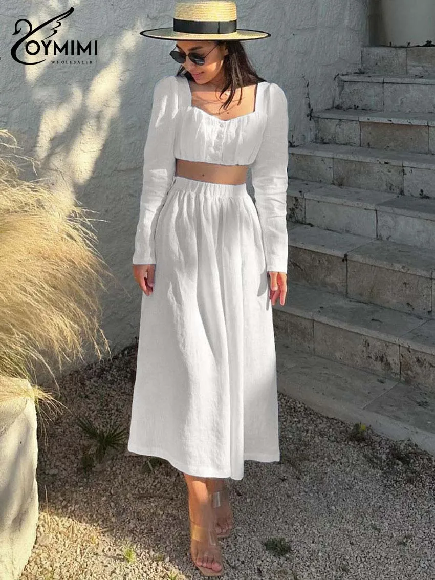 Oymimi Casual White 2 Pieces Set For Woman Fashion Square Neck Long Sleeve Open Back Crop Tops + High Waist Mid-Calf Skirts Sets
Oymimi Casual White 2 Pieces Set For Woman Fashion Square Neck Long Sleeve Open Back Crop Tops + High Waist Mid-Calf Skirts Sets