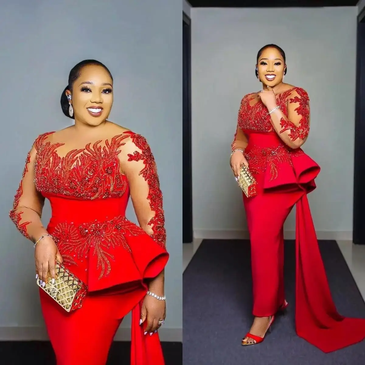 Red Lace Appliques Sheer Long Sleeves Sheath Evening Gowns Plus Size Arabic Aso Ebi Prom Dresses Sweep Train Women Party Dress
Red Lace Appliques Sheer Long Sleeves Sheath Evening Gowns Plus Size Arabic Aso Ebi Prom Dresses Sweep Train Women Party Dress