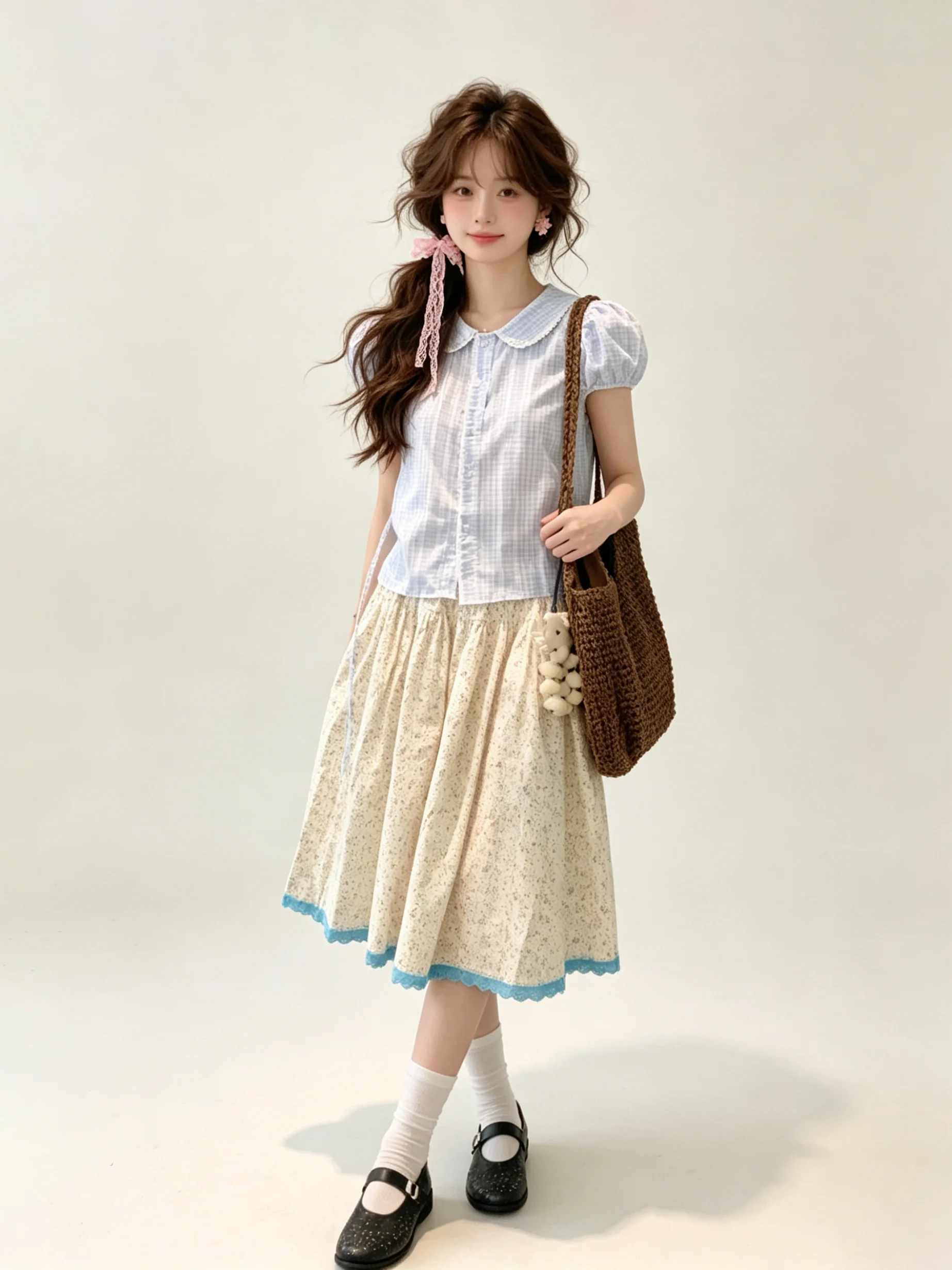 Japanese Style Sweet Girl Blue Plaid Doll Collar Short Sleeve Shirt And Floral Half Skirt Set Women's Fashion Summer Outfit
Japanese Style Sweet Girl Blue Plaid Doll Collar Short Sleeve Shirt And Floral Half Skirt Set Women's Fashion Summer Outfit