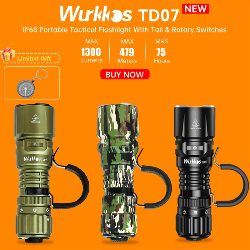 Wurkkos TD07 1300LM Tactical Flashlight 479M Long Throw IP68 Waterproof 18350 Battery Torch Dual Switches and Ring Handle Grip
Wurkkos TD07 1300LM Tactical Flashlight 479M Long Throw IP68 Waterproof 18350 Battery Torch Dual Switches and Ring Handle Grip