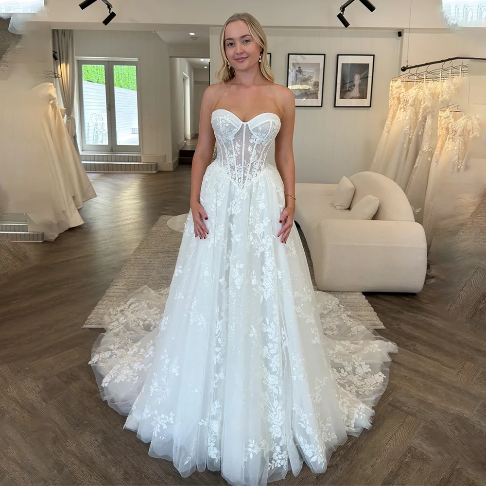 Popular Sweethart Full Lace Applique Bridal Grown A Line Wedding Dresses Sweep Train Custom Made 2025 Vestido DE Noival
Popular Sweethart Full Lace Applique Bridal Grown A Line Wedding Dresses Sweep Train Custom Made 2025 Vestido DE Noival