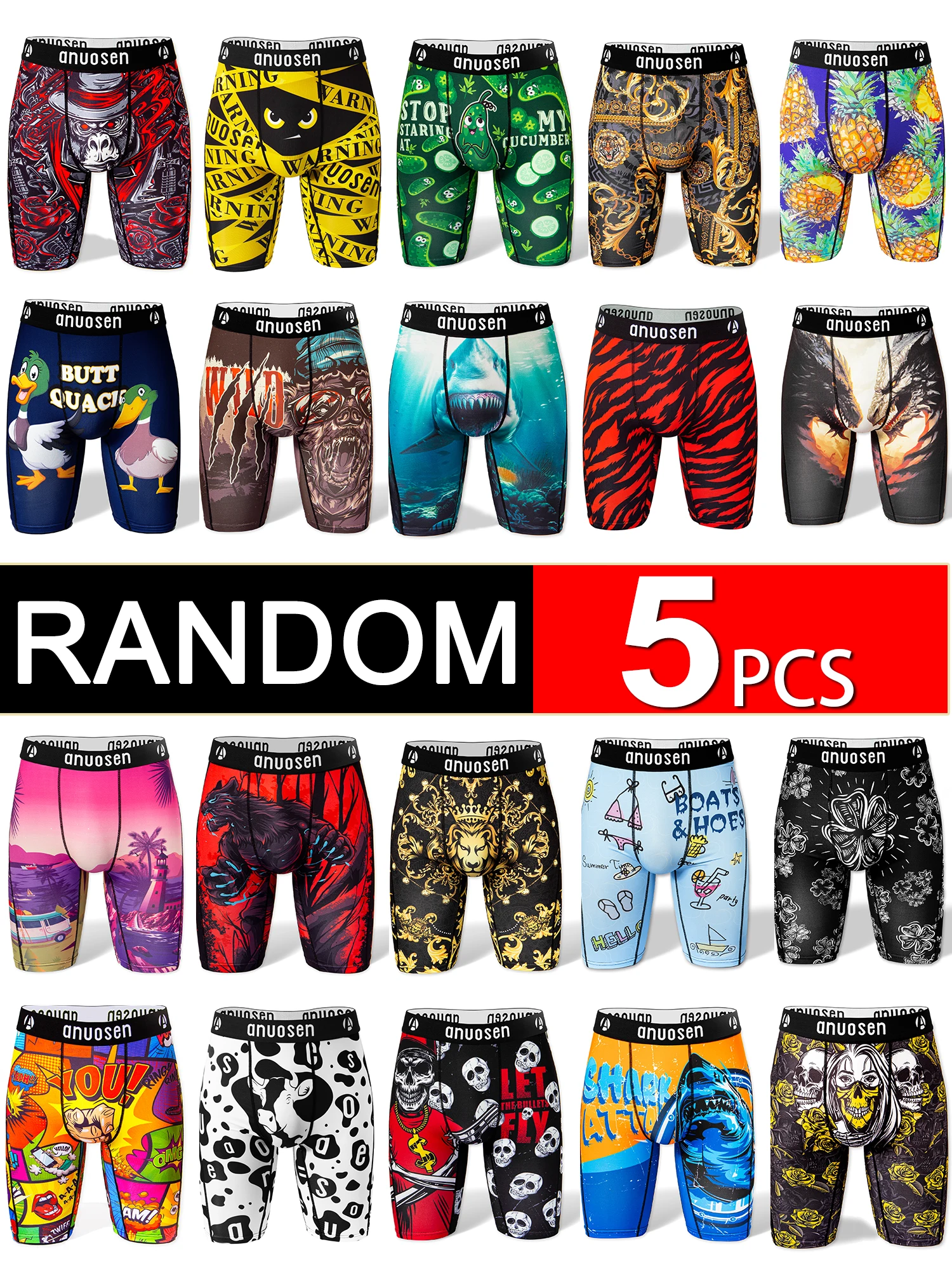Random 5-Piece Set of Men's Long Sports Underwear, Random Pattern Single or Multi-Pack, Positioning Print, Skull, Plant, Letter, Cartoon, Moisture-Wicking, Cartoon, Striped, Plaid, Animal and Other Unique Prints, Random Styles, Extended Length Underwear,
Random 5-Piece Set of Men's Long Sports Underwear, Random Pattern Single or Multi-Pack, Positioning Print, Skull, Plant, Letter, Cartoon, Moisture-Wicking, Cartoon, Striped, Plaid, Animal and Other Unique Prints, Random Styles, Extended Length Underwear,