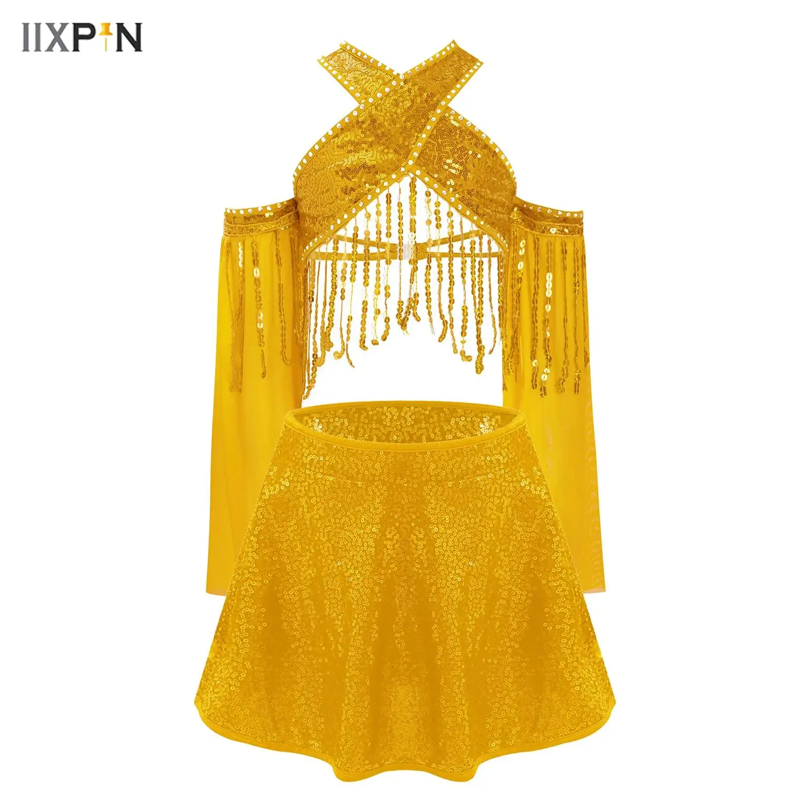 Kids Girls Jazz Latin Dance Outfit Sheer Mesh Flared Sleeves Sparkling Sequins Tassels Cross Crop Top+Skirts Performance Costume
Kids Girls Jazz Latin Dance Outfit Sheer Mesh Flared Sleeves Sparkling Sequins Tassels Cross Crop Top+Skirts Performance Costume
