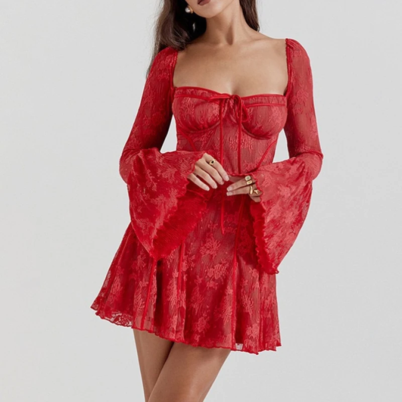 European and American temperament, sexy and fashionable, slim fit, transparent lace horn, long sleeved strap, A-list dress
European and American temperament, sexy and fashionable, slim fit, transparent lace horn, long sleeved strap, A-list dress