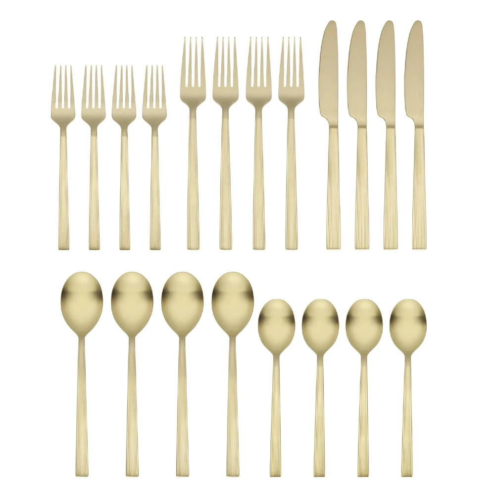 River 20-Piece Gold Stainless Steel Flatware Set with Handles, Service for 4, Durable and Elegant Cutlery for Home, Kitchen, Dining, or Special Occasions, Includes Knives, Forks, Spoons, Stylish and Rust-Resistant Tableware, Perfect for Everyday Use and E
River 20-Piece Gold Stainless Steel Flatware Set with Handles, Service for 4, Durable and Elegant Cutlery for Home, Kitchen, Dining, or Special Occasions, Includes Knives, Forks, Spoons, Stylish and Rust-Resistant Tableware, Perfect for Everyday Use and E