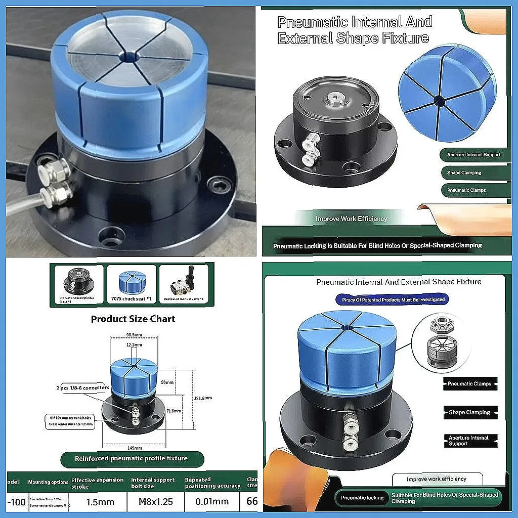 Pneumatic Workholding Clamps Set, Internal & External Clamping Fixtures for Any Shape Workpiece, ID OD Machining Tool
Pneumatic Workholding Clamps Set, Internal & External Clamping Fixtures for Any Shape Workpiece, ID OD Machining Tool