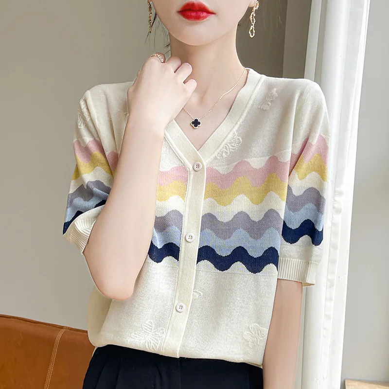 Summer New Short-Sleeved T-shirt Female V-neck Thin Round Neck Striped Fashion Top Loose Half Sleeve
Summer New Short-Sleeved T-shirt Female V-neck Thin Round Neck Striped Fashion Top Loose Half Sleeve