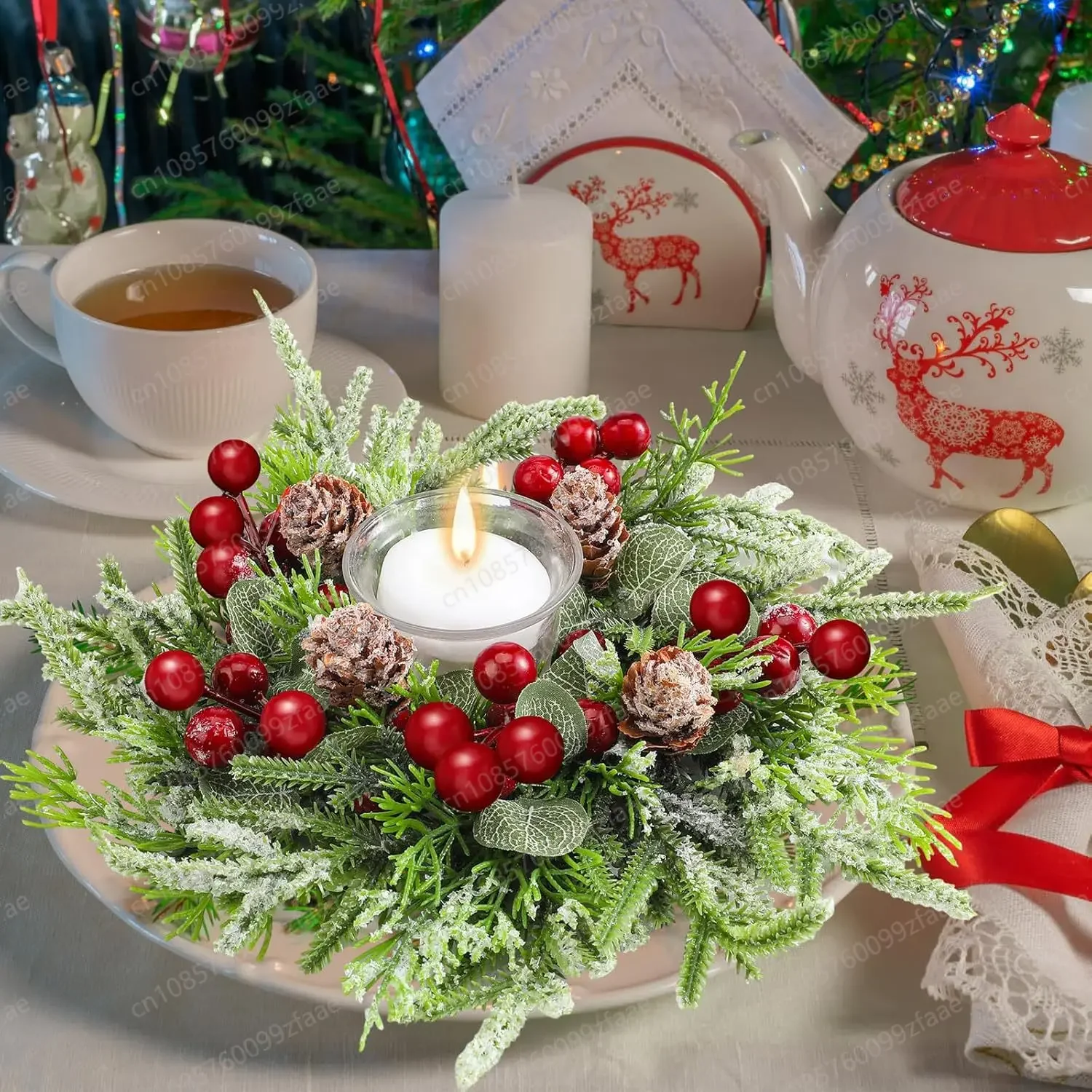 Christmas decoration, wreath table top arrangement, pine needle candlestick, mini Christmas wreath, no candles
Christmas decoration, wreath table top arrangement, pine needle candlestick, mini Christmas wreath, no candles