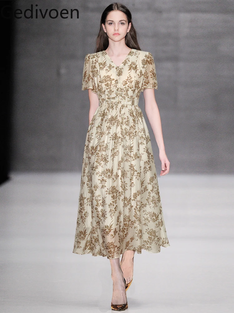 Gedivoen Fashion Designe Летние женские длинные платья с v-образным вырезом и воротником с цветочным принтом и рюшами Офисное женское платье трапециевидной формы
Gedivoen Fashion Designe Летние женские длинные платья с v-образным вырезом и воротником с цветочным принтом и рюшами Офисное женское платье трапециевидной формы