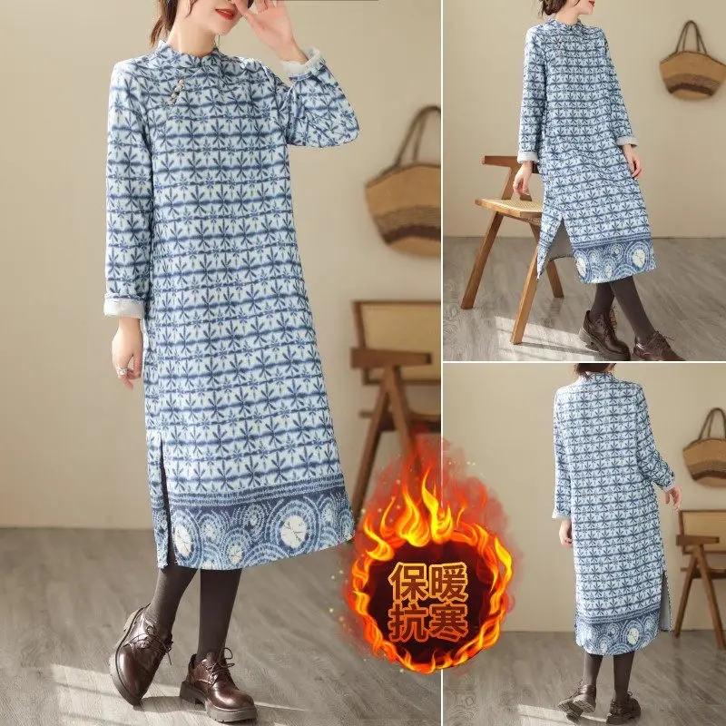 Chinese Style Cotton Linen Fleece Dress Floral Loose Split Versatile Long Sleeved Stand Collar Retro Qipao Dress For Women Z3575
Chinese Style Cotton Linen Fleece Dress Floral Loose Split Versatile Long Sleeved Stand Collar Retro Qipao Dress For Women Z3575