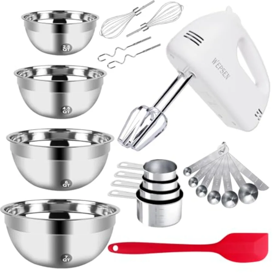 5-Speed Electric Hand Mixer, 4 Large Mixing Bowls Set, Handheld Mixers with Whisks Beater, Stainless Steel Metal Nesting Bowl M
5-Speed Electric Hand Mixer, 4 Large Mixing Bowls Set, Handheld Mixers with Whisks Beater, Stainless Steel Metal Nesting Bowl M
