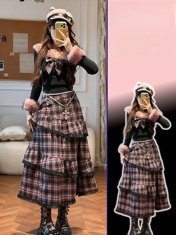 plus Size High Waist Plaid Skirt with Ruffle Hem And Thiened Fur Collar Knitted Sweater Two Piece Set for Women Spring
plus Size High Waist Plaid Skirt with Ruffle Hem And Thiened Fur Collar Knitted Sweater Two Piece Set for Women Spring