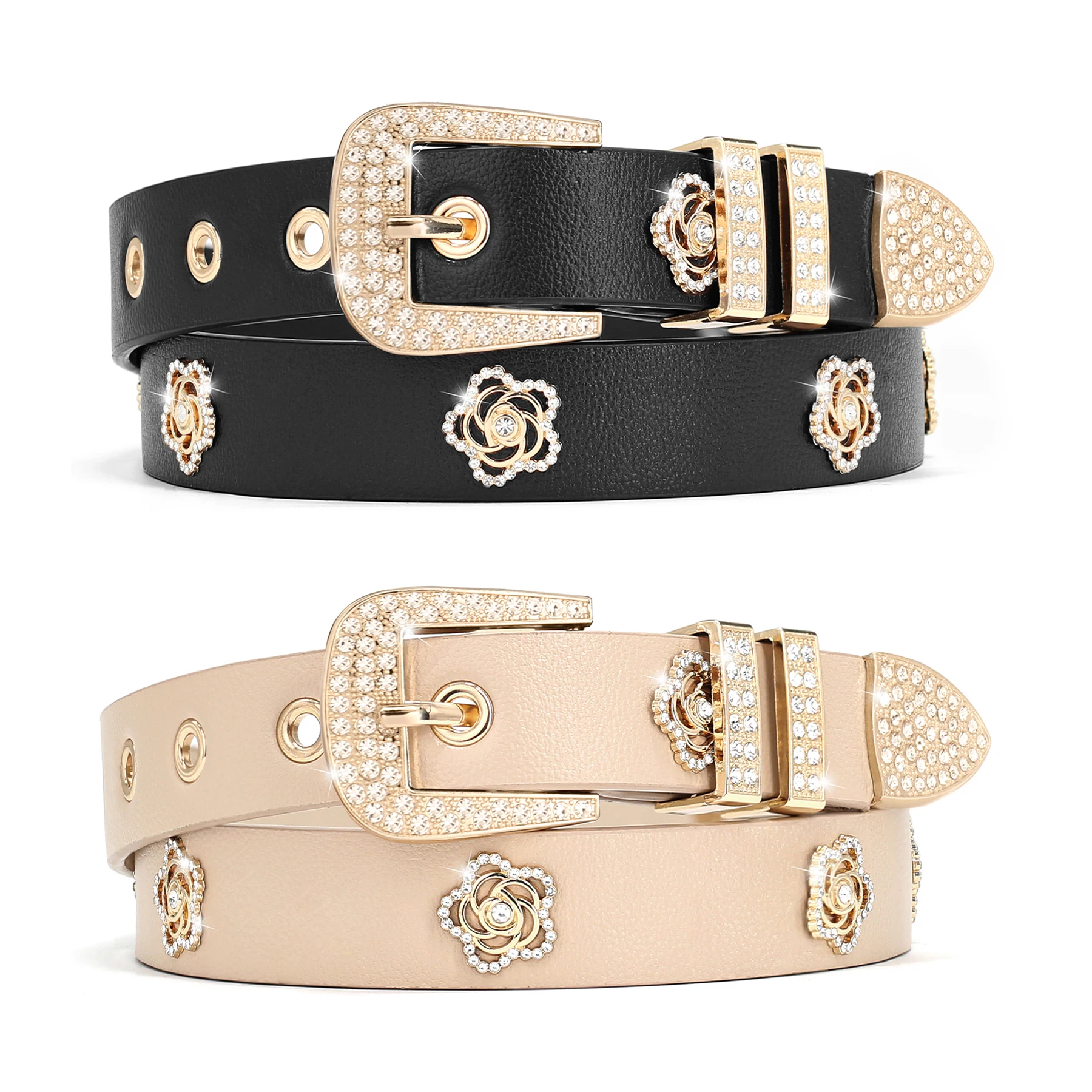 2 Pack Women Studded Belt Rhinestone Floral Rivet Punk Y2K Faux Leather Skinny Belts For Women For Jeans Pants Dresses
2 Pack Women Studded Belt Rhinestone Floral Rivet Punk Y2K Faux Leather Skinny Belts For Women For Jeans Pants Dresses