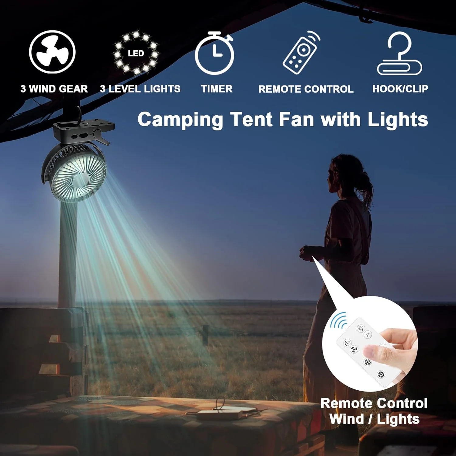 3 in 1 Camping Fan with LED Light & Power Bank, Remote USB Charging Clip on Fan,Portable Rechargeable Fan for Home Office Travel
3 in 1 Camping Fan with LED Light & Power Bank, Remote USB Charging Clip on Fan,Portable Rechargeable Fan for Home Office Travel