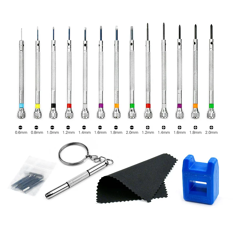 Watch repair tool screwdriver set 13 pieces+spare head, cross shaped, multi specification with demagnetizer/watch cloth
Watch repair tool screwdriver set 13 pieces+spare head, cross shaped, multi specification with demagnetizer/watch cloth