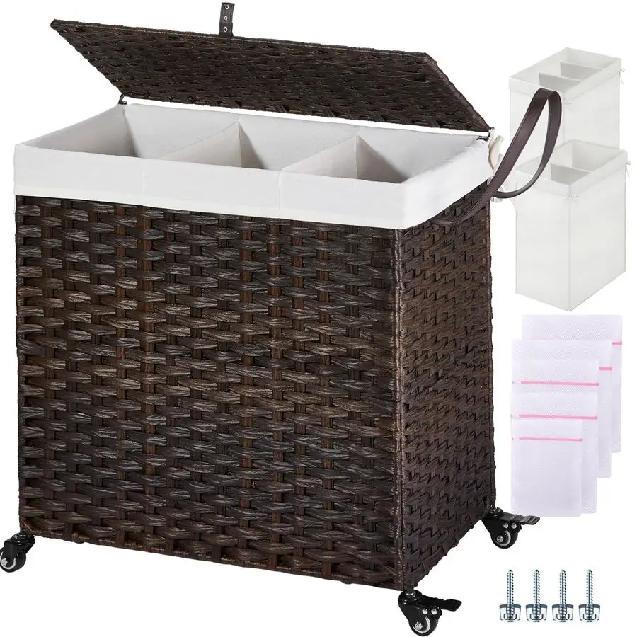 Laundry Hamper with WheelsampLid, 130L Large 3 Sections Clothes Hamper with 2 Types Removable Liner Bags, 5 Mesh Laundry Bags, H
Laundry Hamper with WheelsampLid, 130L Large 3 Sections Clothes Hamper with 2 Types Removable Liner Bags, 5 Mesh Laundry Bags, H