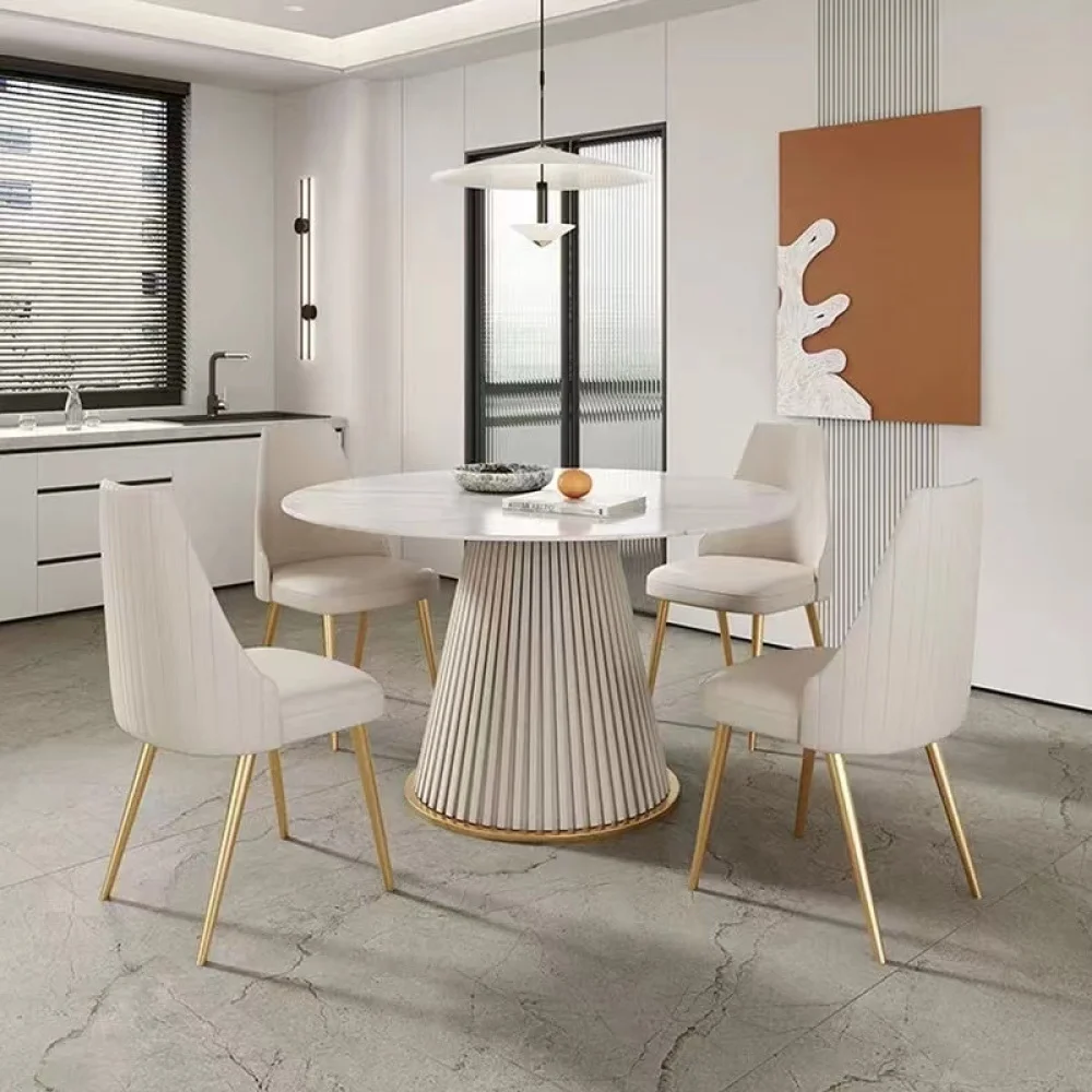 53 inch Modern sintered stone round dining table with stainless steel base with 4 pcs chairs
53 inch Modern sintered stone round dining table with stainless steel base with 4 pcs chairs