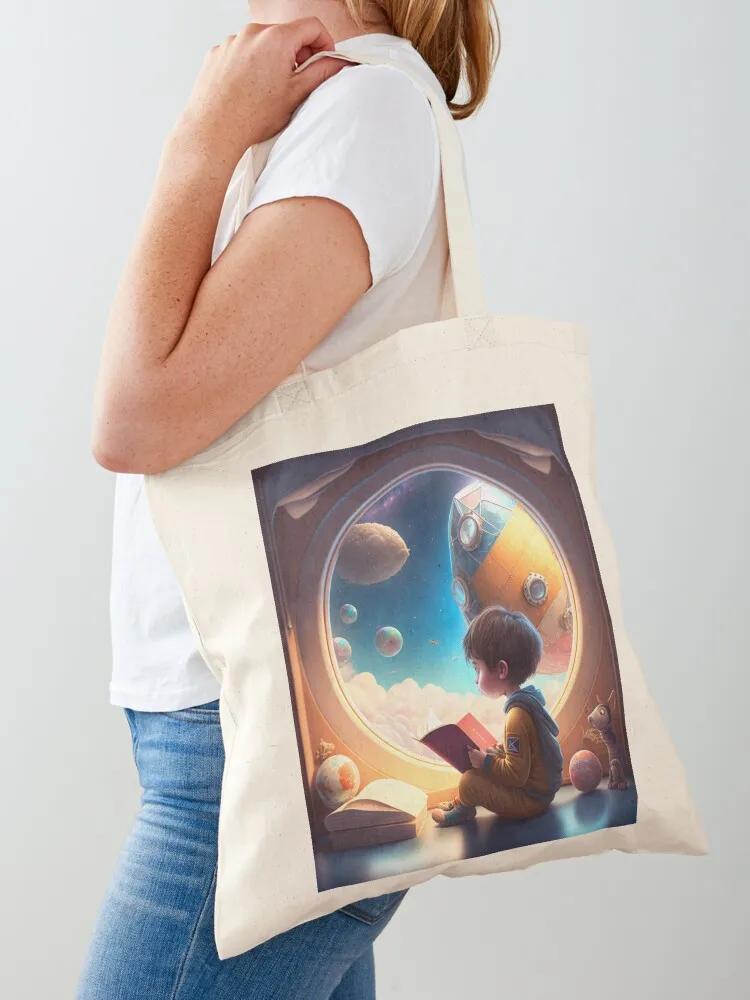 Little boy reads his book and dreams in space, illustration for child Tote Bag bags luxury women Big bag Eco bag
Little boy reads his book and dreams in space, illustration for child Tote Bag bags luxury women Big bag Eco bag