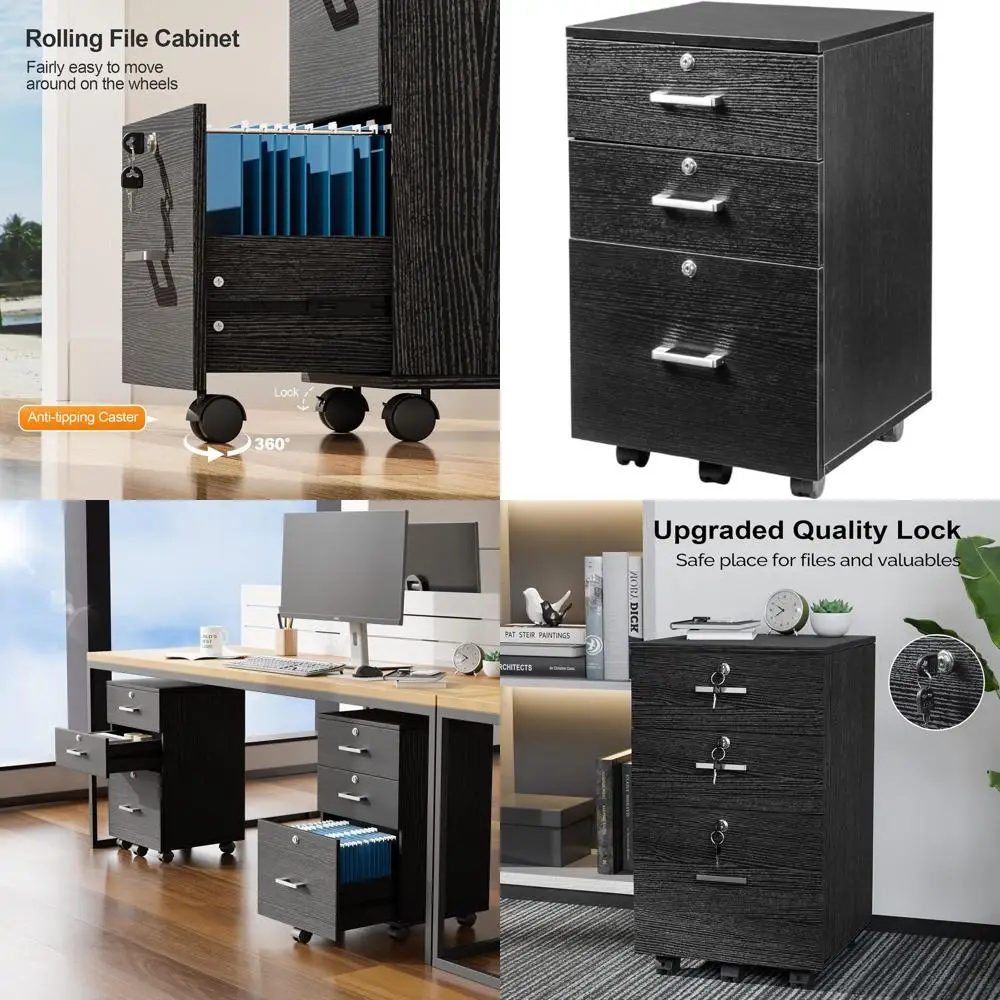 Black Wood 3-Drawer Locking File Cabinet on Wheels for Home Office, Letter Size, 26 Height with Casters
Black Wood 3-Drawer Locking File Cabinet on Wheels for Home Office, Letter Size, 26 Height with Casters