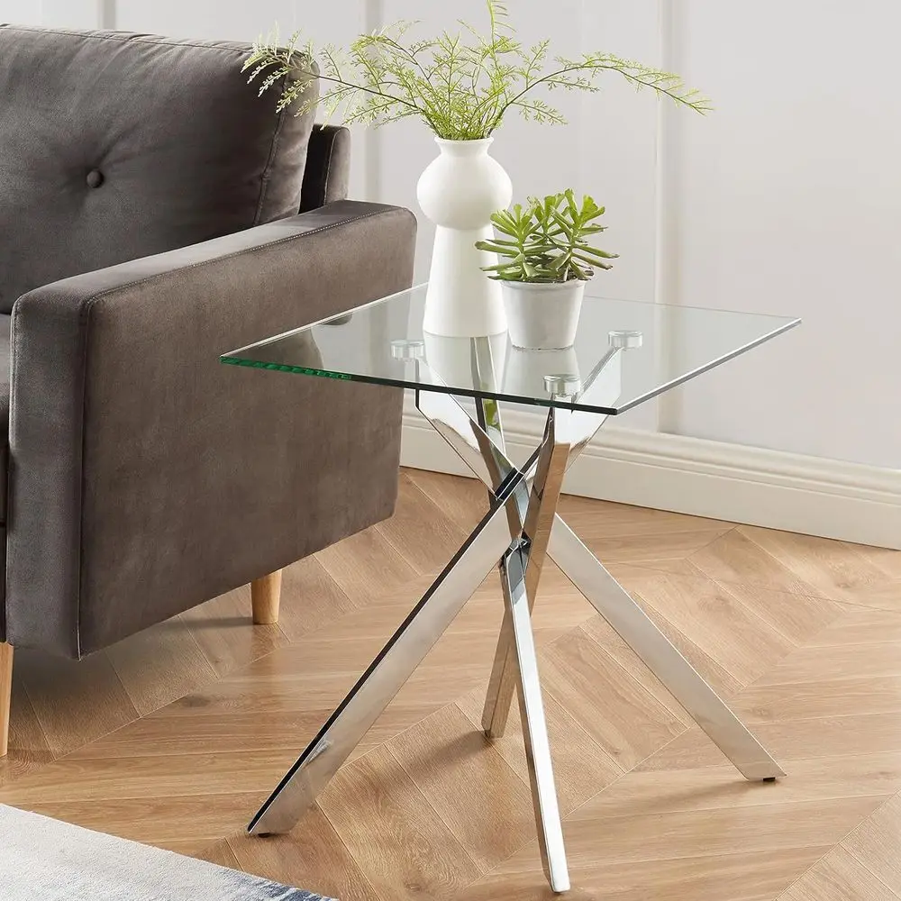 Modern Tempered Glass Top Square Side Table with Metal Legs, Silver, 20x20x22
Modern Tempered Glass Top Square Side Table with Metal Legs, Silver, 20x20x22