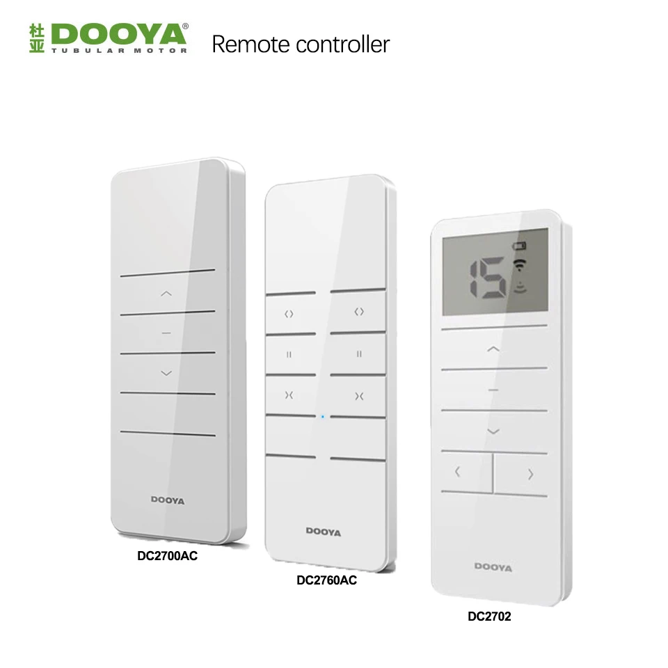 Dooya DC2700/2760AC/2702 Remote Controller Emitter for Dooya Electric RF433 Tubular Motor Curtian motor DT52E,DT82TV, Tuya Motor
Dooya DC2700/2760AC/2702 Remote Controller Emitter for Dooya Electric RF433 Tubular Motor Curtian motor DT52E,DT82TV, Tuya Motor