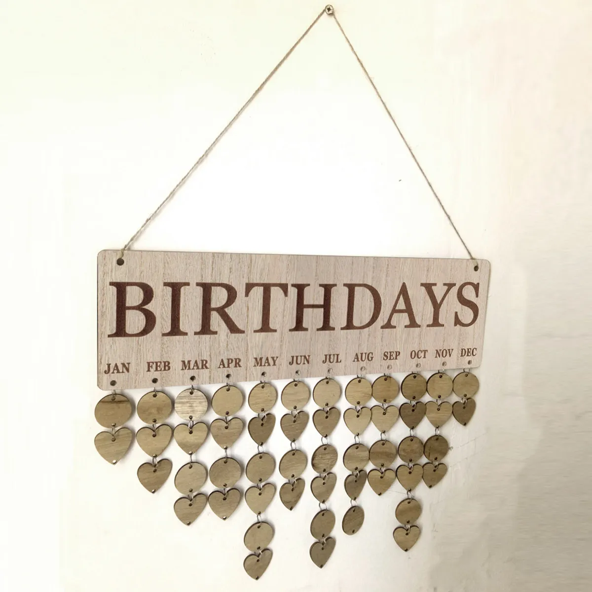 Wooden Calendar Board Hanging Rope with Round Wood and Heart Discs Iron Rings Birthday Reminder Family Anniversary Wall
Wooden Calendar Board Hanging Rope with Round Wood and Heart Discs Iron Rings Birthday Reminder Family Anniversary Wall