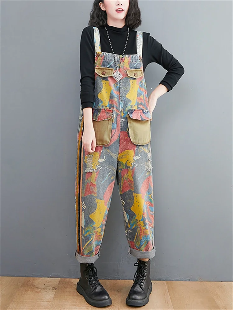 Spring Fall Fashion Women's Pocket Patchwork Vintage Print Ripped Hole Suspender Jeans Loose Casual Versatile Denim Pants JJ269
Spring Fall Fashion Women's Pocket Patchwork Vintage Print Ripped Hole Suspender Jeans Loose Casual Versatile Denim Pants JJ269