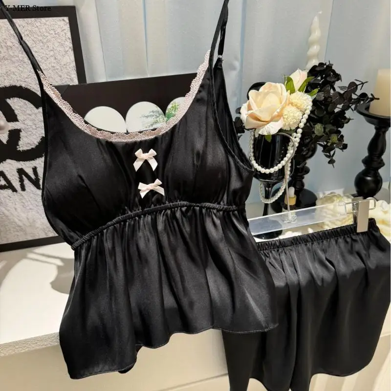 Black Pajamas Mini Shorts Set Lady Satin Lingerie Homewear Sexy Lace Trim Sleepwear 2Pcs Pajamas Suit Soft Loungewear Nightwear
Black Pajamas Mini Shorts Set Lady Satin Lingerie Homewear Sexy Lace Trim Sleepwear 2Pcs Pajamas Suit Soft Loungewear Nightwear