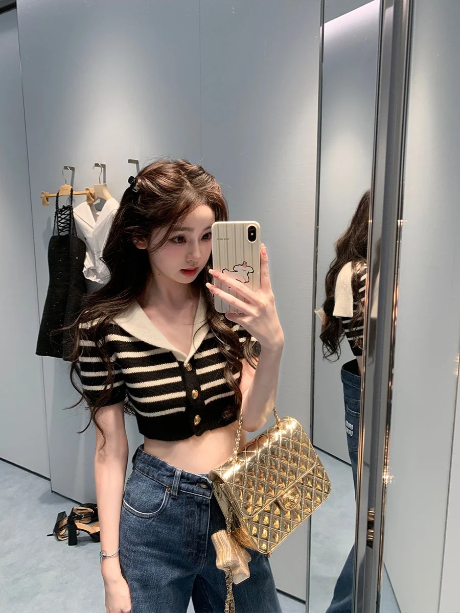 Spring Summer Navy Collar Short Sleeve Knitted Striped T-Shirt Women's Casual Style Breathable Polyester Blend Tee
Spring Summer Navy Collar Short Sleeve Knitted Striped T-Shirt Women's Casual Style Breathable Polyester Blend Tee