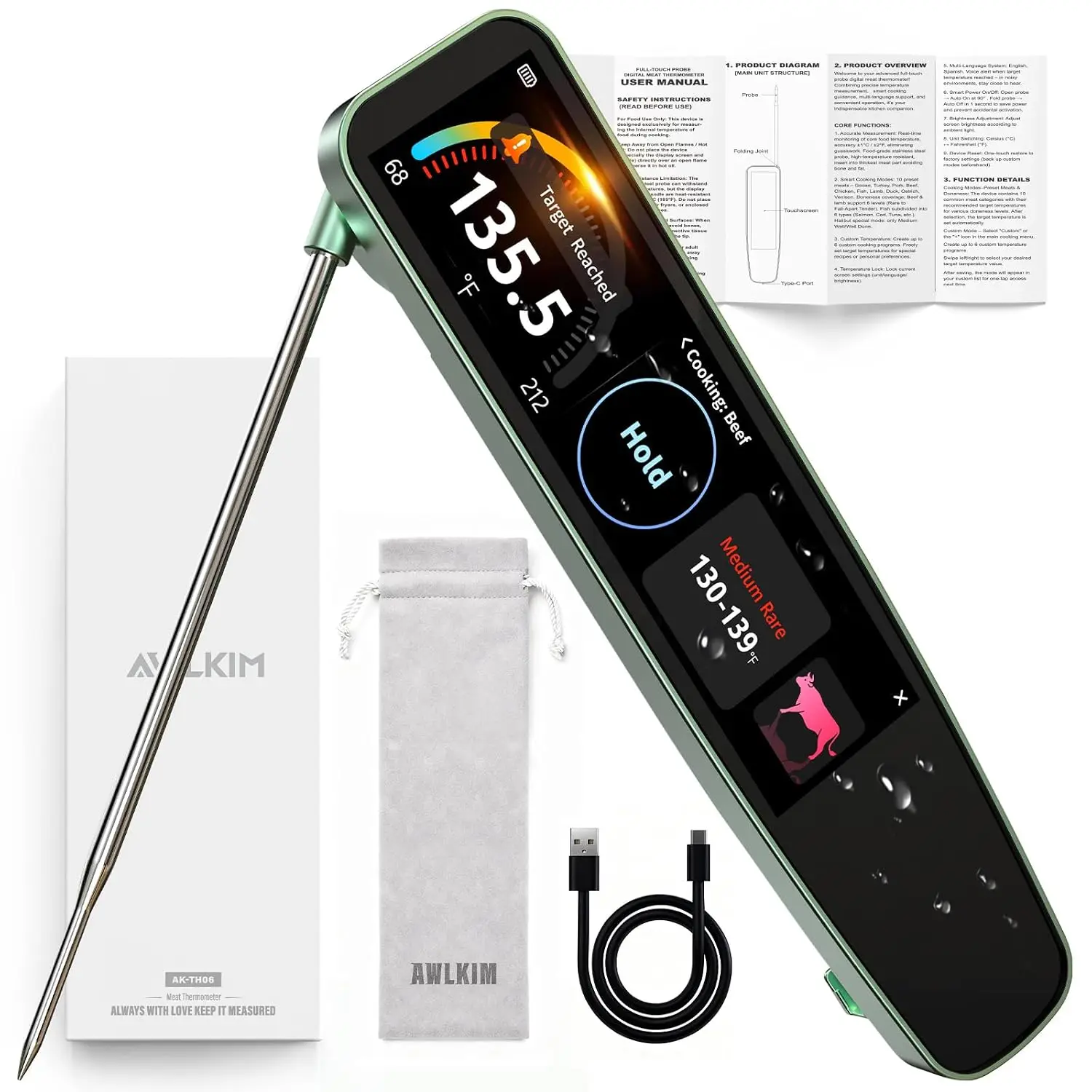 Instant Read Meat Thermometer Digital, 3.8" Touchscreen, Rechargeable, Waterproof, 0.5°F Accuracy for Cooking, Grill, BBQ, Candy, Oil
Instant Read Meat Thermometer Digital, 3.8" Touchscreen, Rechargeable, Waterproof, 0.5°F Accuracy for Cooking, Grill, BBQ, Candy, Oil