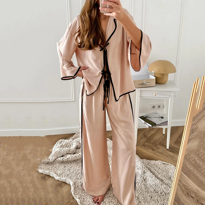 HiLoc China Style Pink Trousers Suits Pajamas Home Lace Up Blouse With Wide Leg Pants 2 Piece Sets 2025 Casual Loose Sleepwear
HiLoc China Style Pink Trousers Suits Pajamas Home Lace Up Blouse With Wide Leg Pants 2 Piece Sets 2025 Casual Loose Sleepwear
