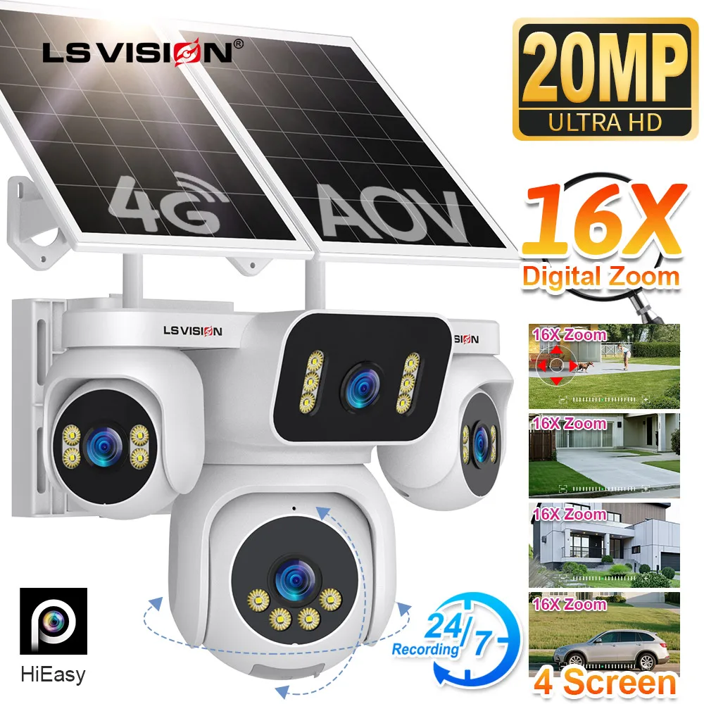 LS VISION 20MP 24/7 Recording 4G AOV Solar Camera Four Screens Outdoor 16X Digital Zoom Human Auto Tracking Surveillance Cameras
LS VISION 20MP 24/7 Recording 4G AOV Solar Camera Four Screens Outdoor 16X Digital Zoom Human Auto Tracking Surveillance Cameras