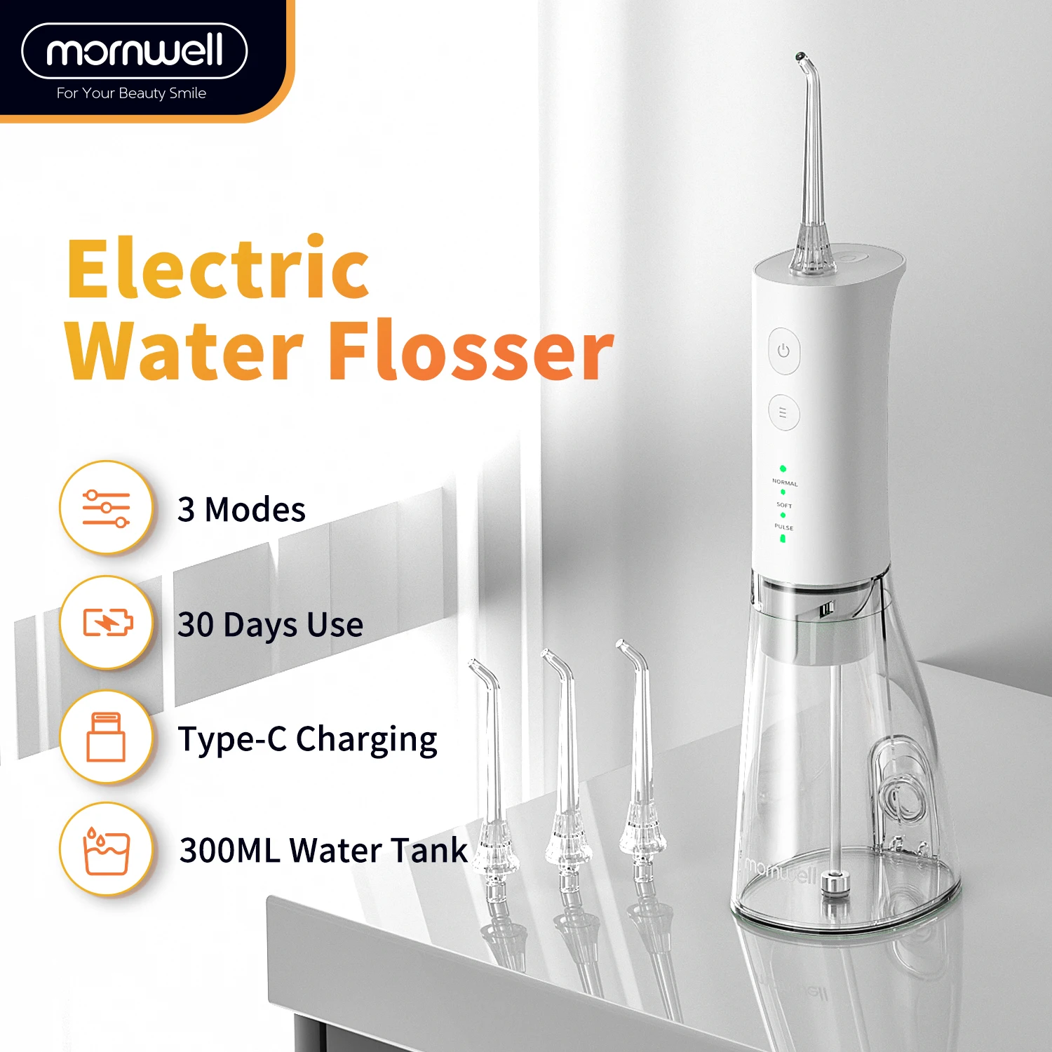 Mornwell F29 Water Flosser 3 Mode Water Jet With 3 Nozzles for Teeth Rechargeable Portable 180ML Water Tank Teeth Cleaner
Mornwell F29 Water Flosser 3 Mode Water Jet With 3 Nozzles for Teeth Rechargeable Portable 180ML Water Tank Teeth Cleaner