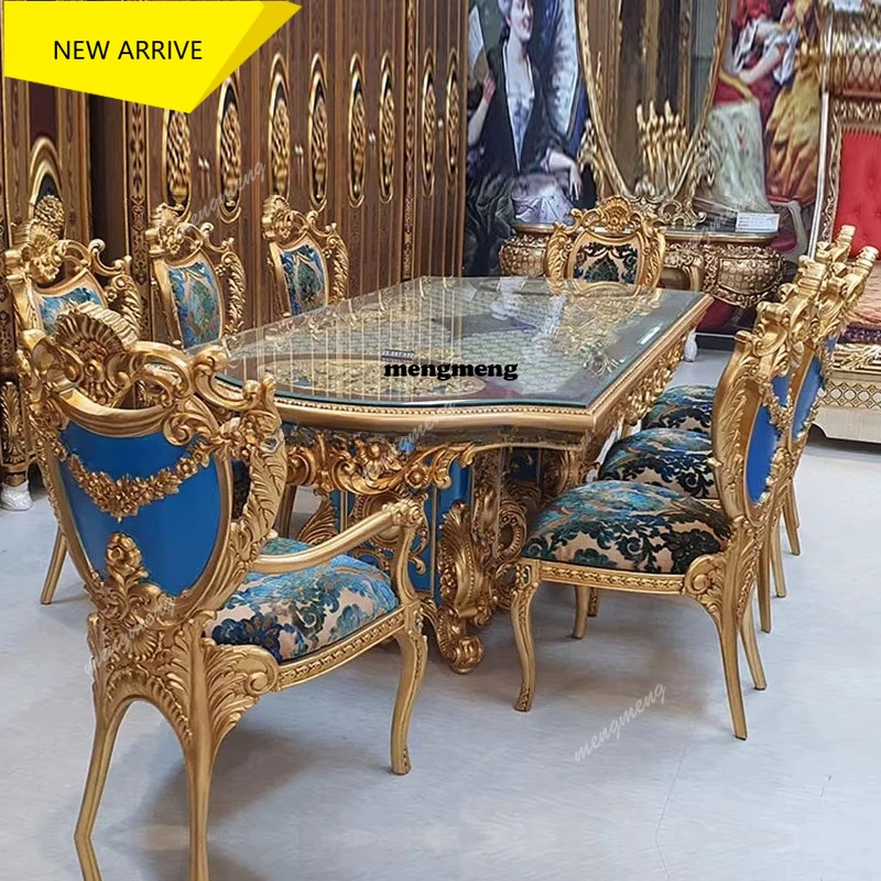 M138 French Royal Baroque Dining Set — Hand-Carved Solid Wood Table with Upholstered Chairs, Luxury Gold for Villa/Hotel
M138 French Royal Baroque Dining Set — Hand-Carved Solid Wood Table with Upholstered Chairs, Luxury Gold for Villa/Hotel