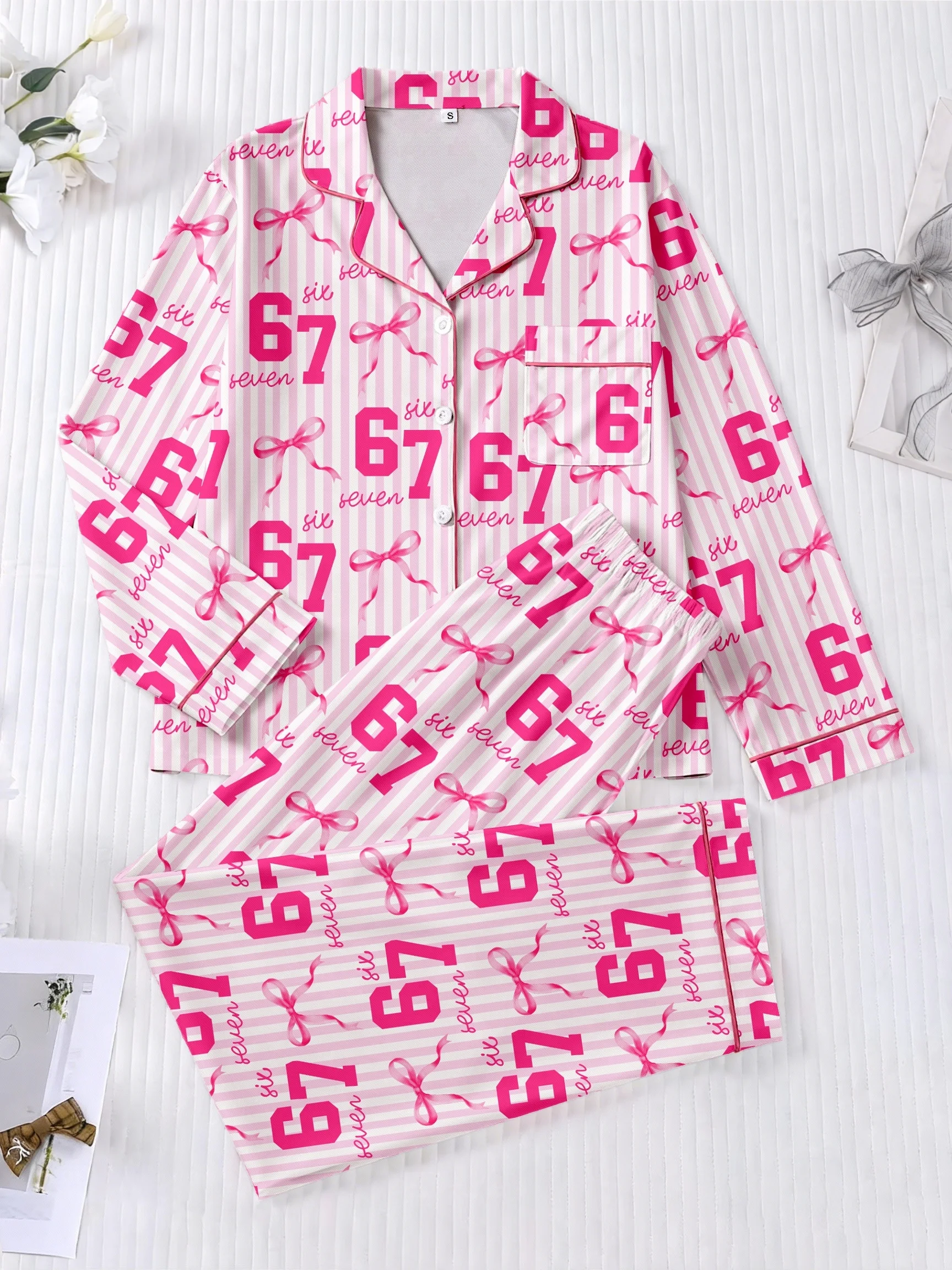 Ladies' pajama set with bow and number print, comfortable long sleeved top and pants
Ladies' pajama set with bow and number print, comfortable long sleeved top and pants