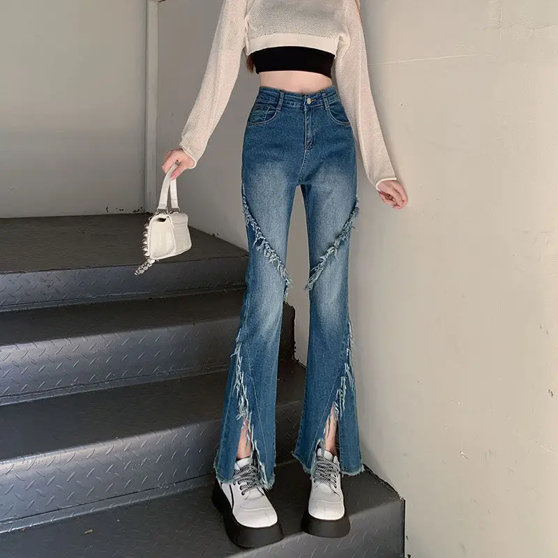 Cowboy Pants for Woman High Waist Shot Bell Bottom Trousers with Slits Tassel Women's Flare Jeans Cheap 2025 Korean Style Shiny 
Cowboy Pants for Woman High Waist Shot Bell Bottom Trousers with Slits Tassel Women's Flare Jeans Cheap 2025 Korean Style Shiny