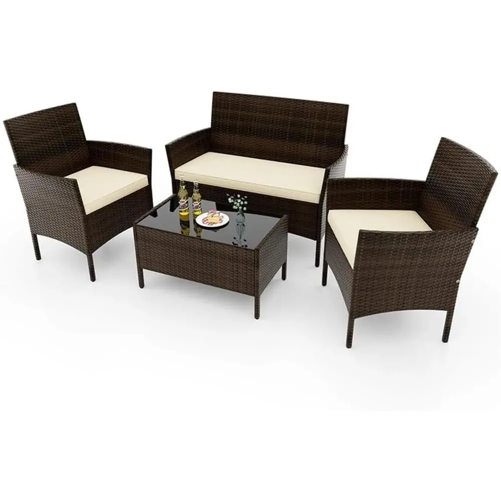 4-Piece Outdoor Wicker Patio Furniture Set with Tempered Glass Table and Beige Cushions
4-Piece Outdoor Wicker Patio Furniture Set with Tempered Glass Table and Beige Cushions