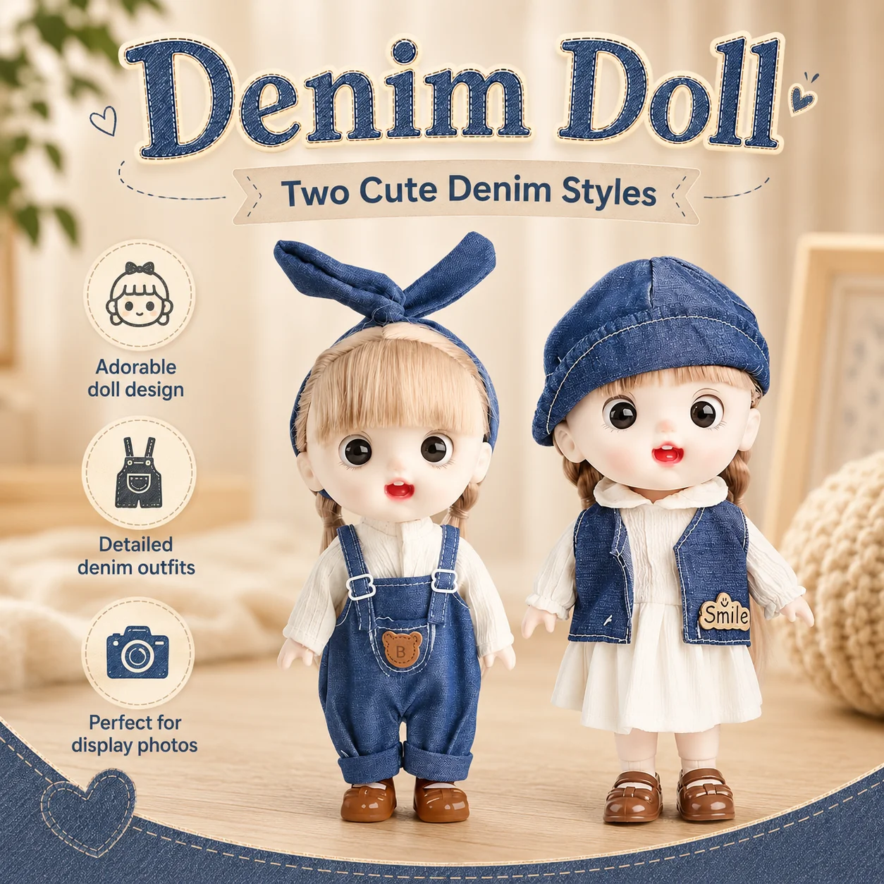 New denim set doll, 2 shapes to choose from, 11 movable joints, cute girl toy, Children's Day gift, Christmas and birthday gift
New denim set doll, 2 shapes to choose from, 11 movable joints, cute girl toy, Children's Day gift, Christmas and birthday gift