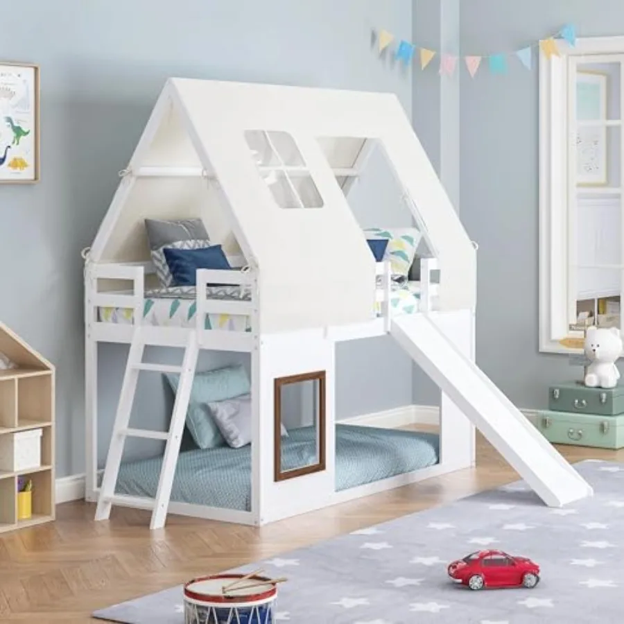 Wood Twin Over Twin Bunk Bed with Slide and Ladder, House Bunk Bed Frame with Tent Roof Cover, Windows, White
Wood Twin Over Twin Bunk Bed with Slide and Ladder, House Bunk Bed Frame with Tent Roof Cover, Windows, White