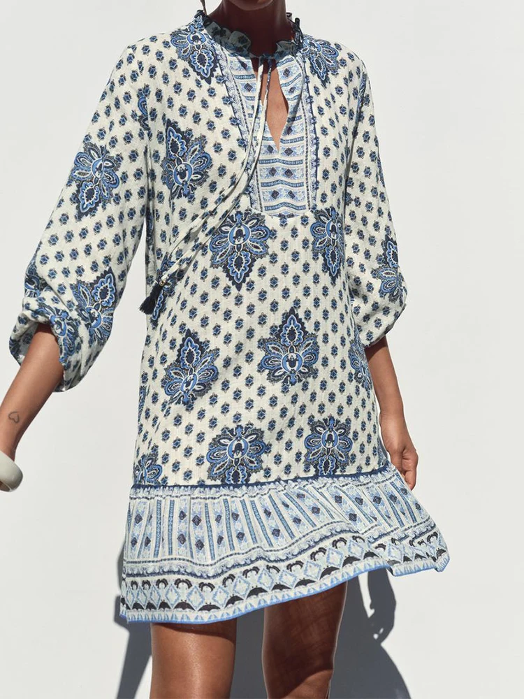European and American style summer new products Women's clothing Versatile printed long sleeve V-neck mini dress
European and American style summer new products Women's clothing Versatile printed long sleeve V-neck mini dress