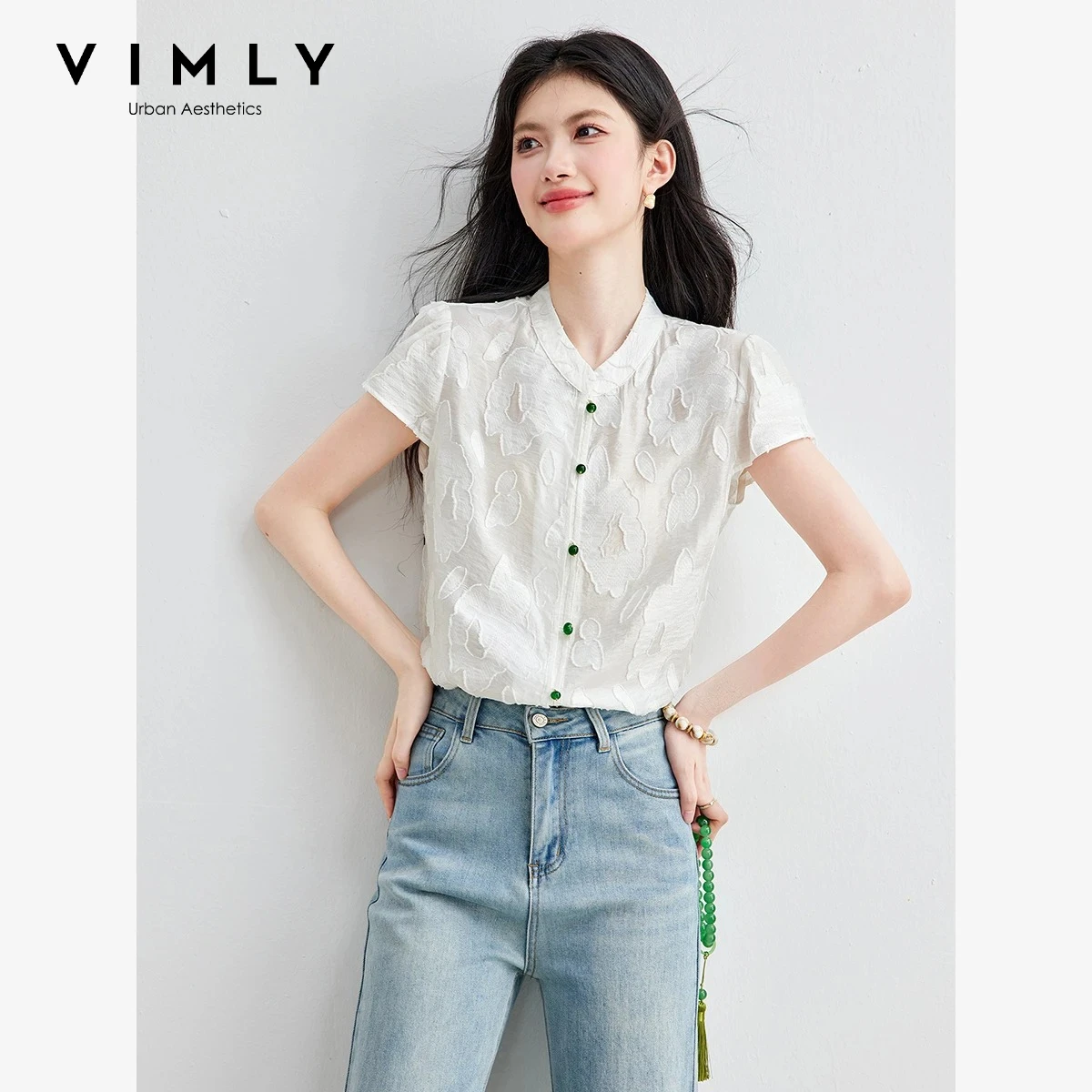 VIMLY White Mandarin Collar Women's Shirt 2026 Summer 3D Jacquard Textured Short Sleeve Contrast Button Simple Blouse A6706
VIMLY White Mandarin Collar Women's Shirt 2026 Summer 3D Jacquard Textured Short Sleeve Contrast Button Simple Blouse A6706