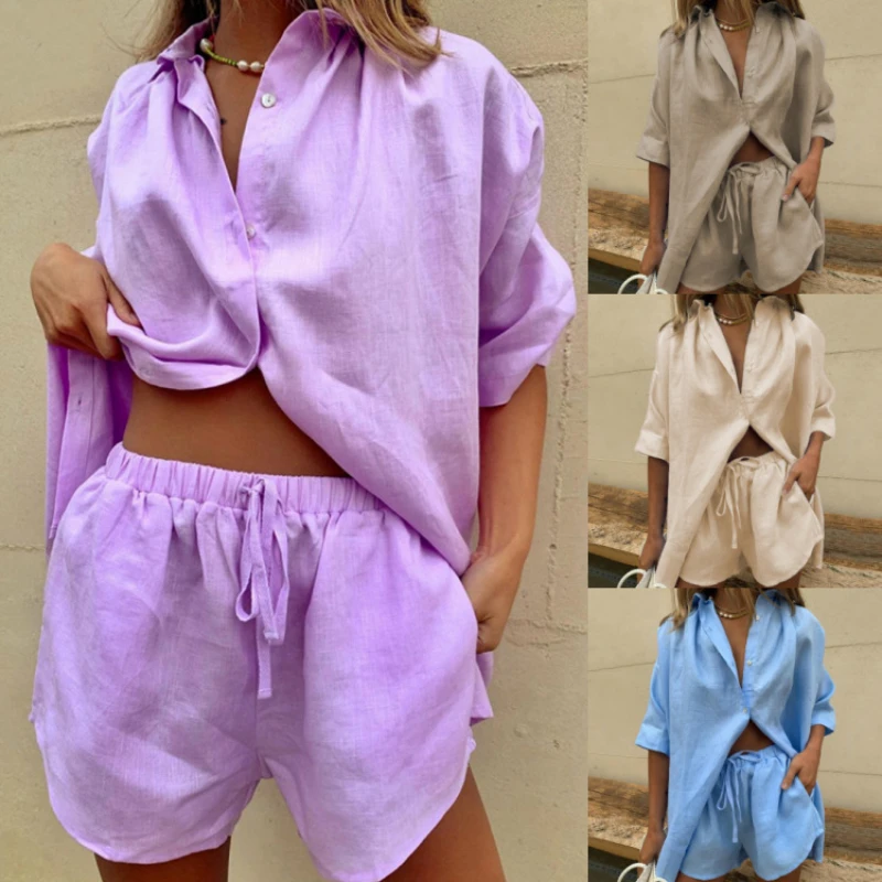 2023 Summer New Solid Color Single Breasted Lapel Short-sleeved Shirt Two-piece Wide Leg Pants Lace-up Shorts Women Clothing
2023 Summer New Solid Color Single Breasted Lapel Short-sleeved Shirt Two-piece Wide Leg Pants Lace-up Shorts Women Clothing