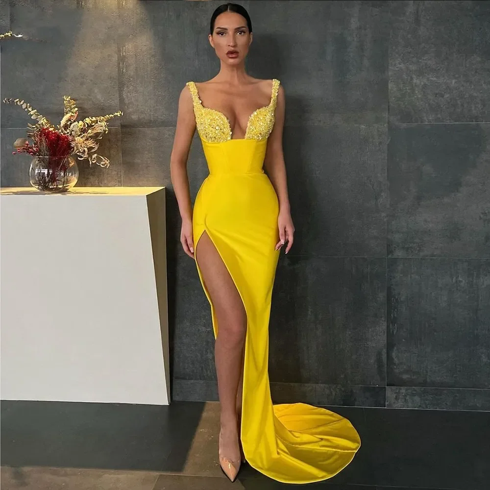 Sexy Yellow Satin Mermaid Prom Dresses Glitter Sequins Spaghett Straps High Split Slit Formal Evening Party Gowns فستان سهرة
Sexy Yellow Satin Mermaid Prom Dresses Glitter Sequins Spaghett Straps High Split Slit Formal Evening Party Gowns فستان سهرة