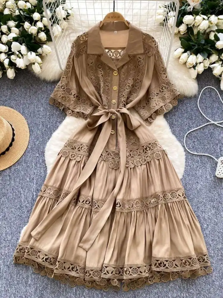 French Vintage Party Dress Women Hollow Lace Patchwork Lapel Short Sleeved Shirt Dresses Ladies Elegant Mid Length Dress Vestido
French Vintage Party Dress Women Hollow Lace Patchwork Lapel Short Sleeved Shirt Dresses Ladies Elegant Mid Length Dress Vestido
