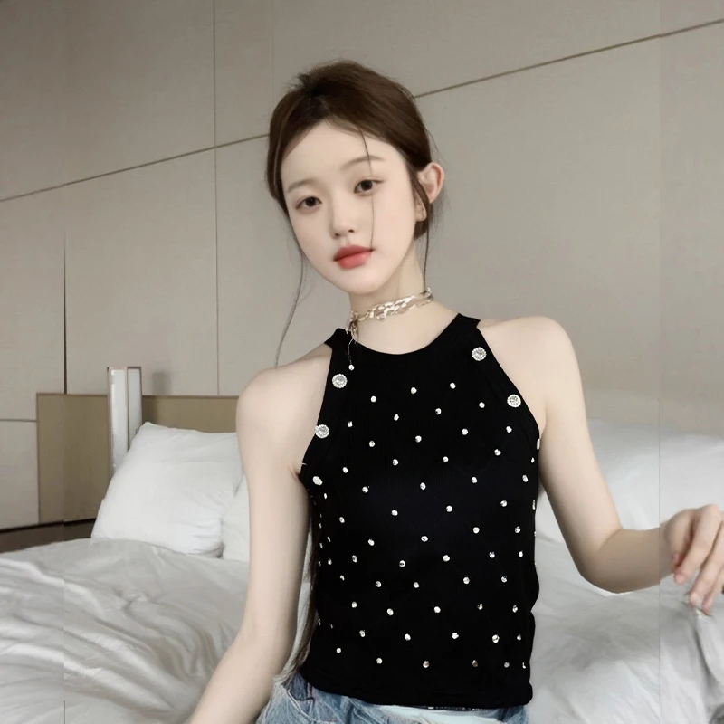 Korean Fashion Rhinestone Round Neck Sleeveless Slim Knitted Vest For Women
Korean Fashion Rhinestone Round Neck Sleeveless Slim Knitted Vest For Women