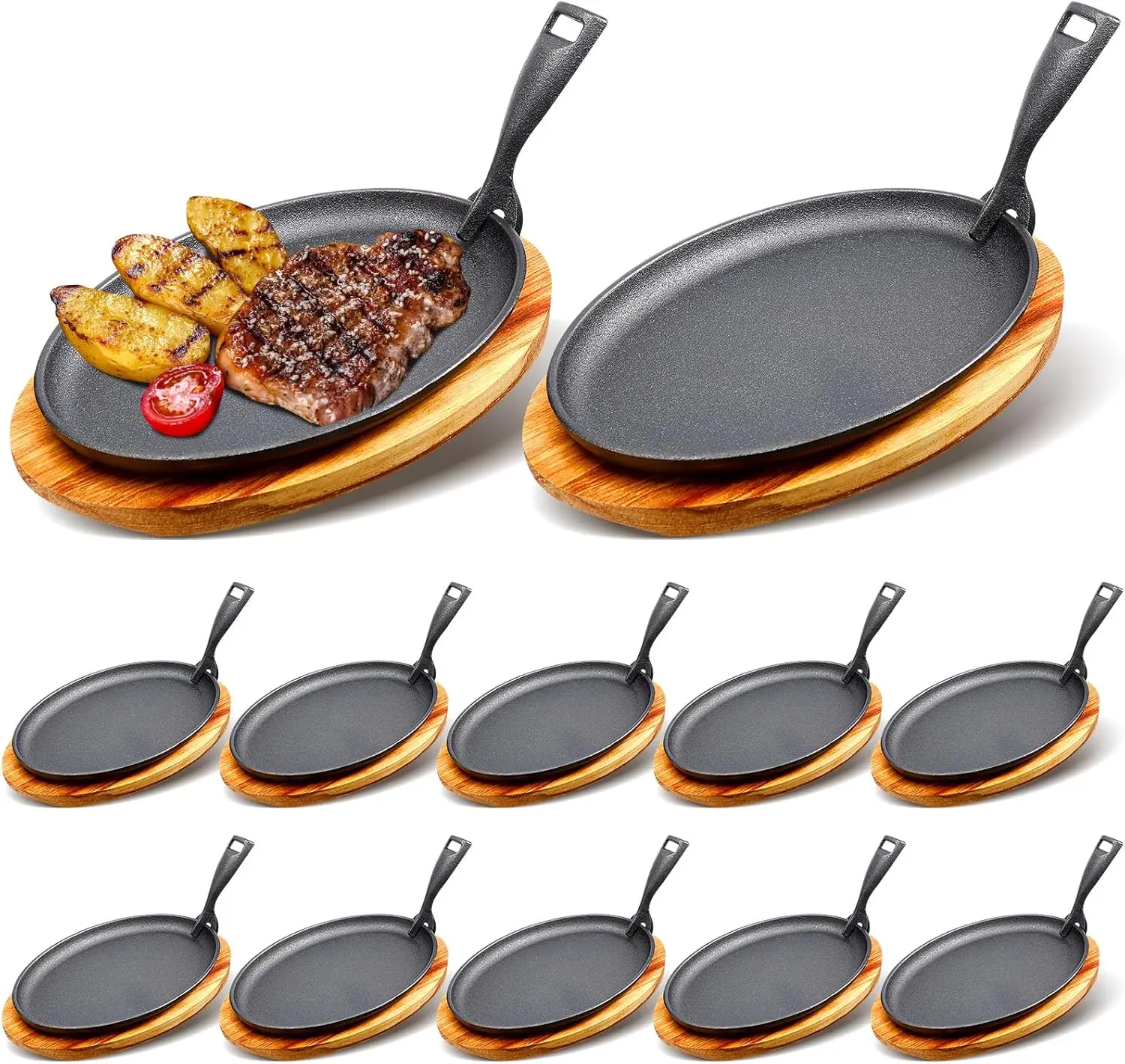 12 Sets Cast Iron Skillet Set 10.63'' x 6.89'' Fajita Plate Sizzling Pan with Wooden Base Anti Scald Protection Removable
12 Sets Cast Iron Skillet Set 10.63'' x 6.89'' Fajita Plate Sizzling Pan with Wooden Base Anti Scald Protection Removable